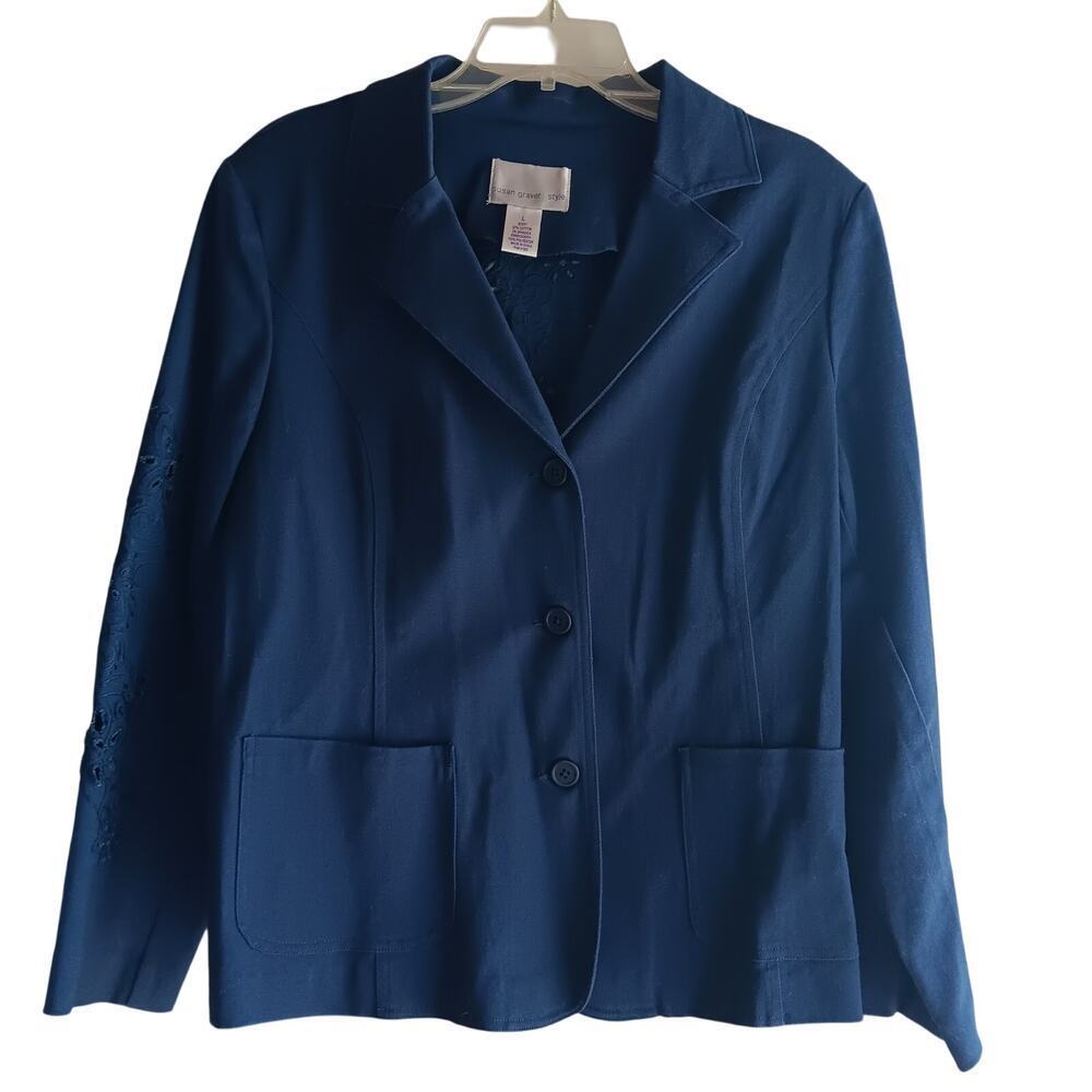 EUC Susan Graver L Blue Jacket Long Sleeve Collar Embroidery Embellishments